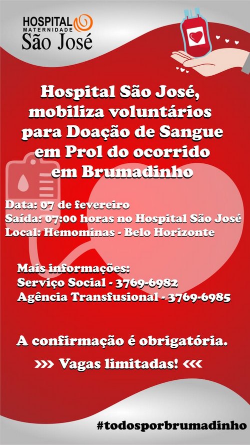Hospital São José levará doadores de sangue para Brumadinho