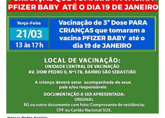 Disponibilizada 3ª dose de vacina contra covid para crianças em Lafaiete