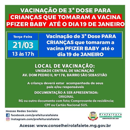 Disponibilizada 3ª dose de vacina contra covid para crianças em Lafaiete
