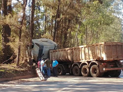 Carreta sai da pista, bate em árvore e deixa trânsito lento na BR 040