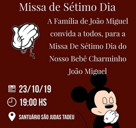 Missa de Sétimo Dia de João Miguel será celebrada hoje