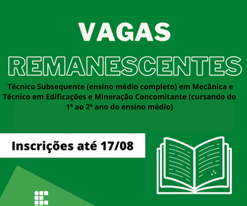 Inscrições para as vagas remanescentes de cursos do IFMG-Congonhas terminam dia 17