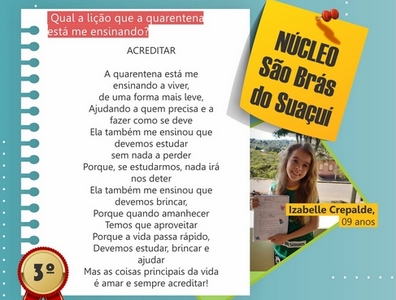 Estudante de São Brás do Suaçuí é 3ª colocada em concurso nacional de poesia sobre quarenteana