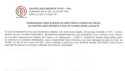 Comunicado: Eleição da diretoria do Centro Adolescente Ativo