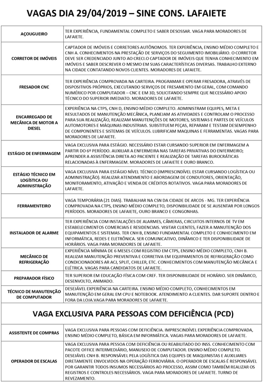 Vagas para parada da Gerdau e outras no sine de  Lafaiete