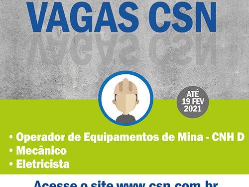 CSN abre vagas para operador de equipamentos de mina mecânico e eletricista