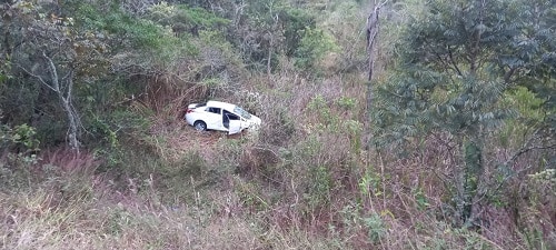 Motorista desvia de cachorro, sai da pista e carro cai em barranco