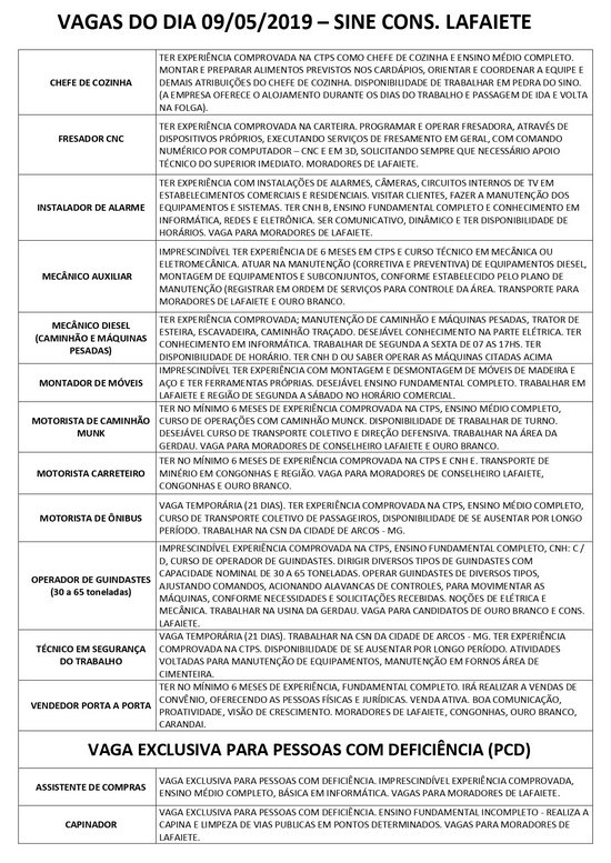 Vagas no sine de Lafaiete para sexta-feira