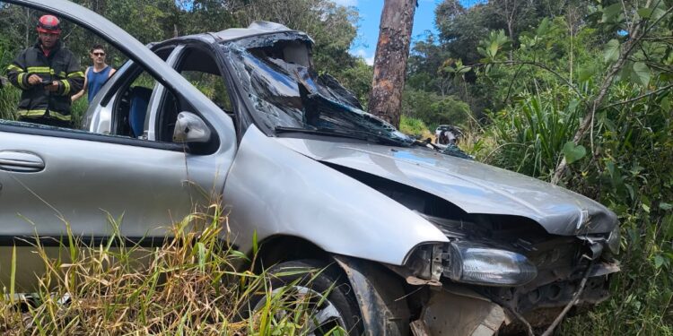 Carro bate em árvore e vítima fica presa às ferragens