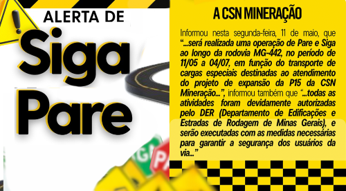 Transporte de cargas altera trânsito na MG-442 até julho