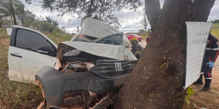 Motorista fica preso às ferragens após bater em árvore